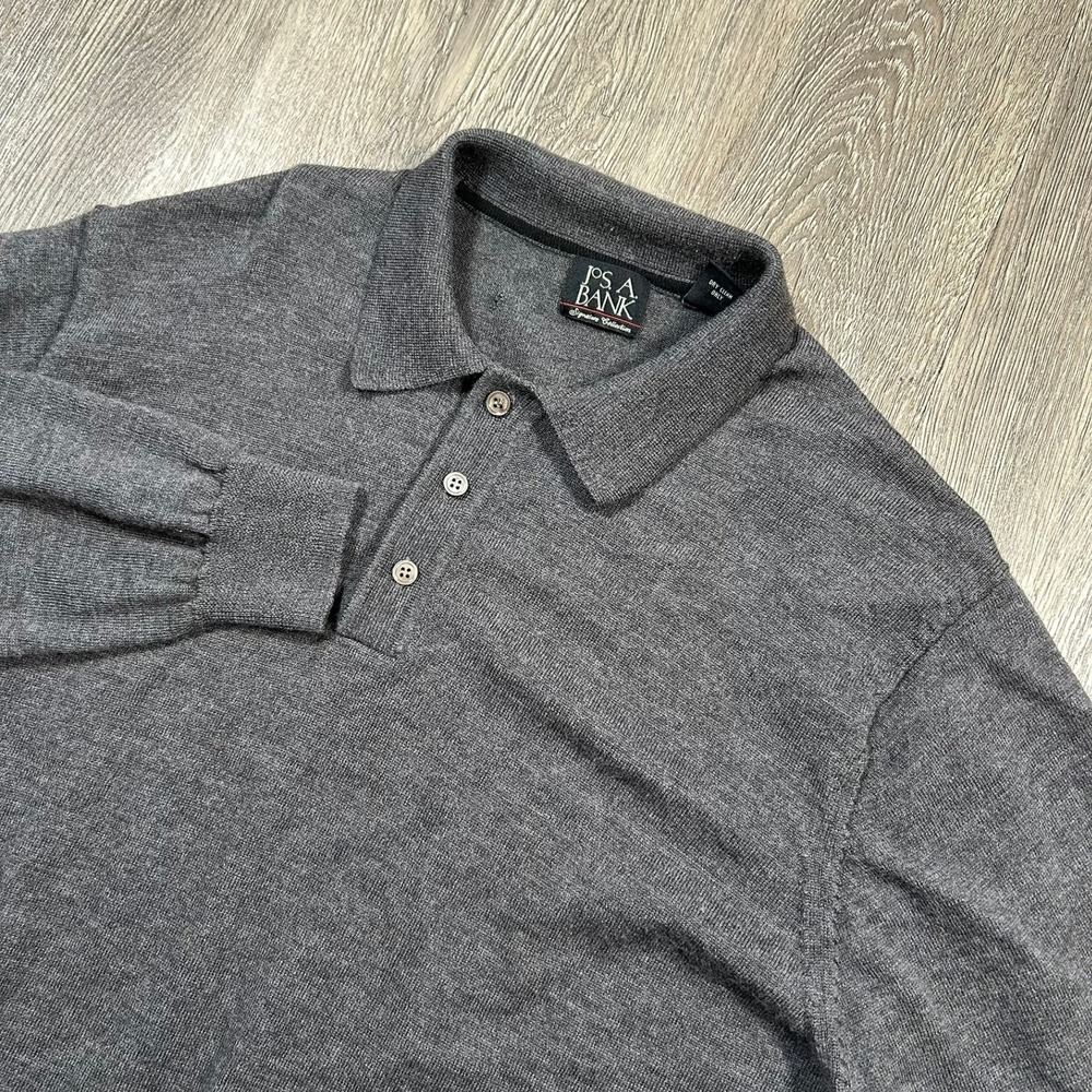 Jos A Bank Polo Sweater Large Gray Merino Wool Long Sleeve Signature Collection